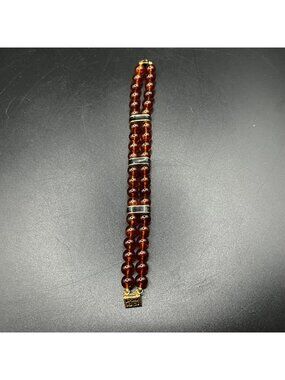 Double-Strand Amber colored Bead Bracelet GoldTone Clasp Black Accents Size 6 VT